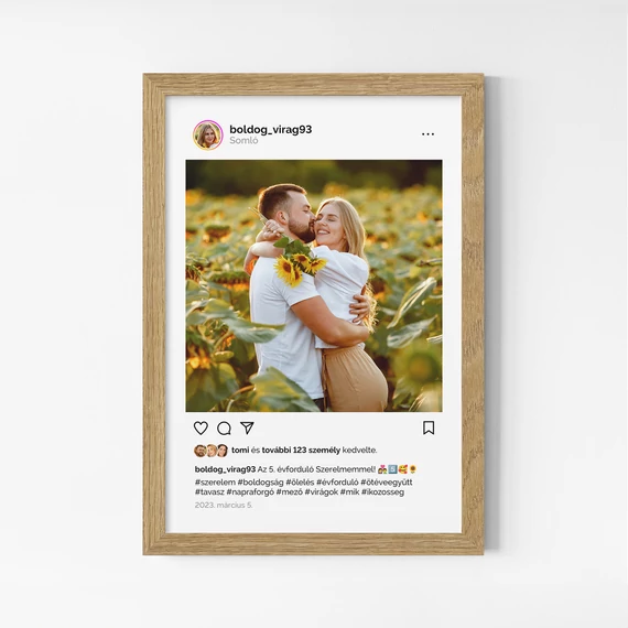 Instagram stílusú kép színes fotóval, felirattal, tölgy kerettel