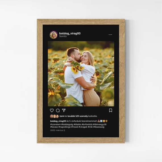 Instagram stílusú kép színes fotóval, felirattal, tölgy kerettel